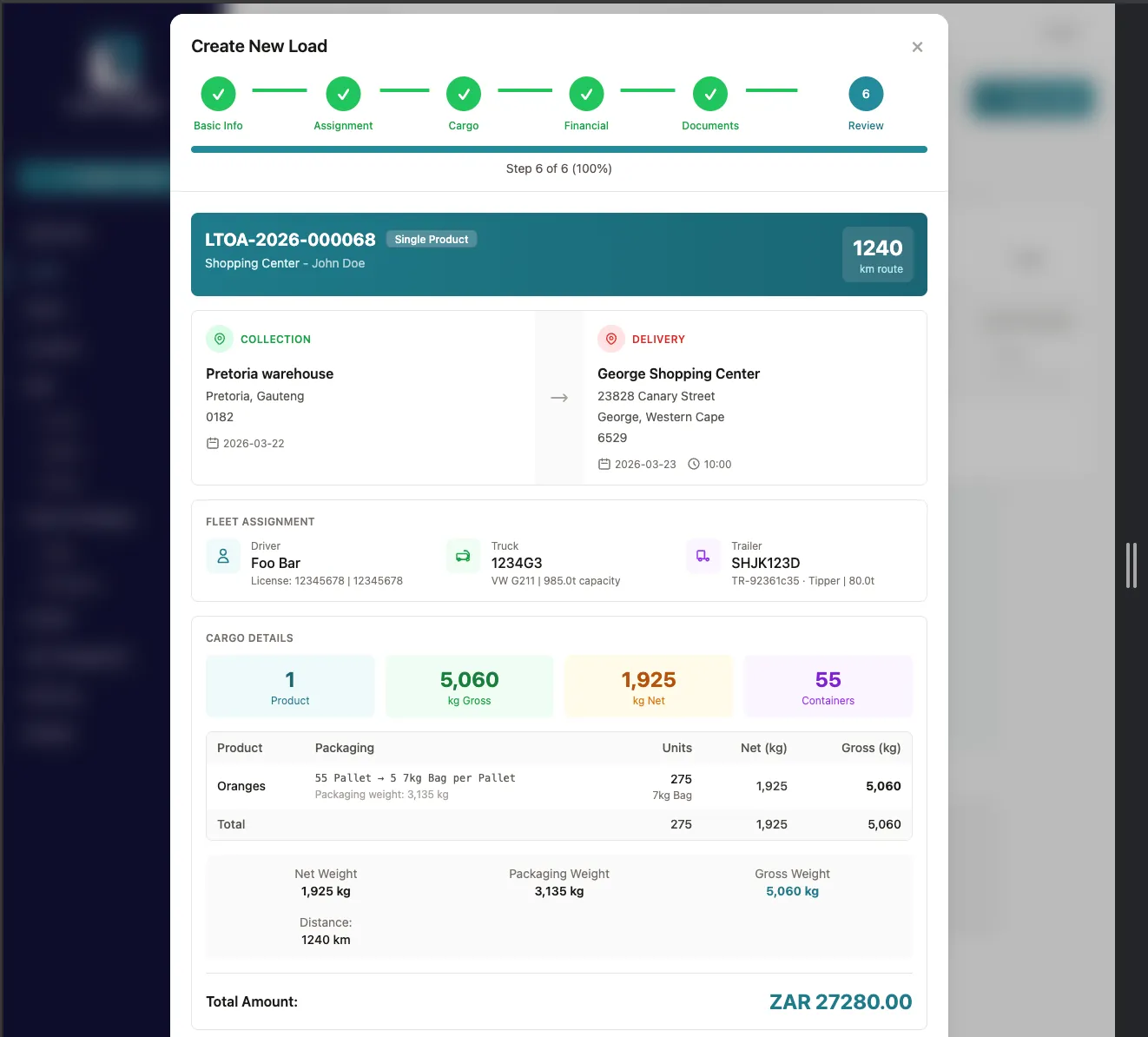 Load creation wizard review step showing route, cargo, fleet assignment, and total amount