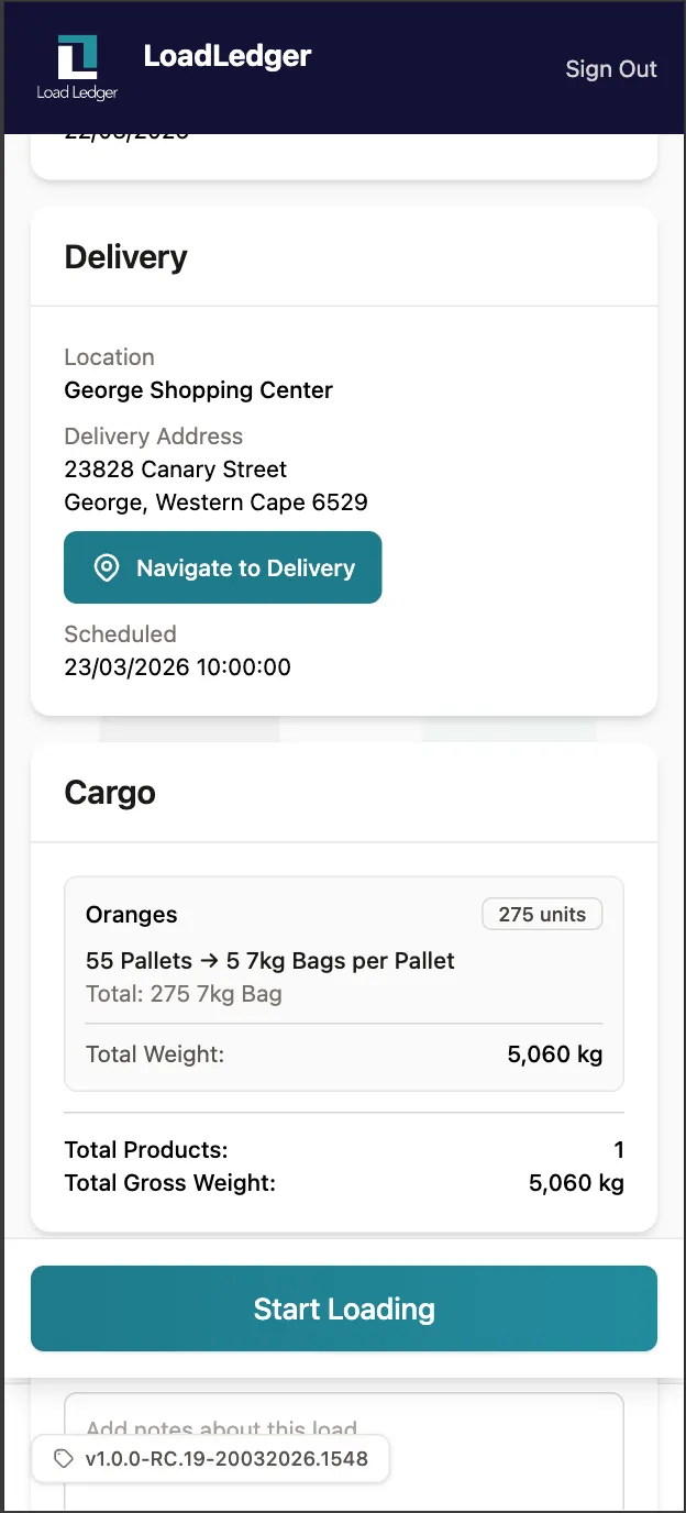 Mobile app showing delivery details with address, cargo breakdown, and navigation button