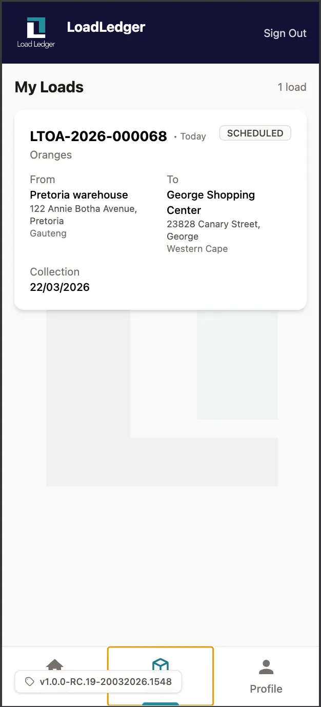 LoadLedger mobile app showing the My Loads screen with load details and route information